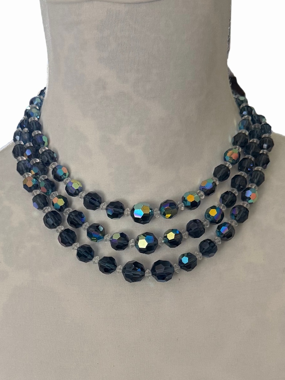 Vintage Hong Kong Triple Strand Aurora Borealis Blue Faceted Crystal Necklace